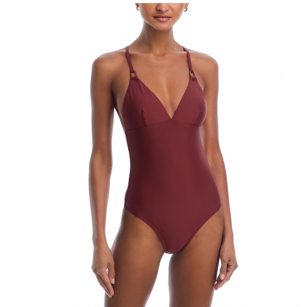PAIGE Daisy Tie Back One Piece Swimsuit Burnt Sienna Brown V-Neck XS NEW